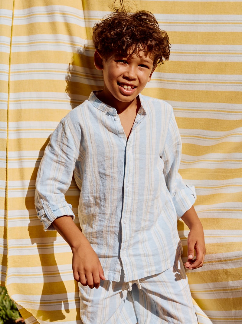 Camisa de rayas con cuello mao en lino y algodón Azul - Kiabi