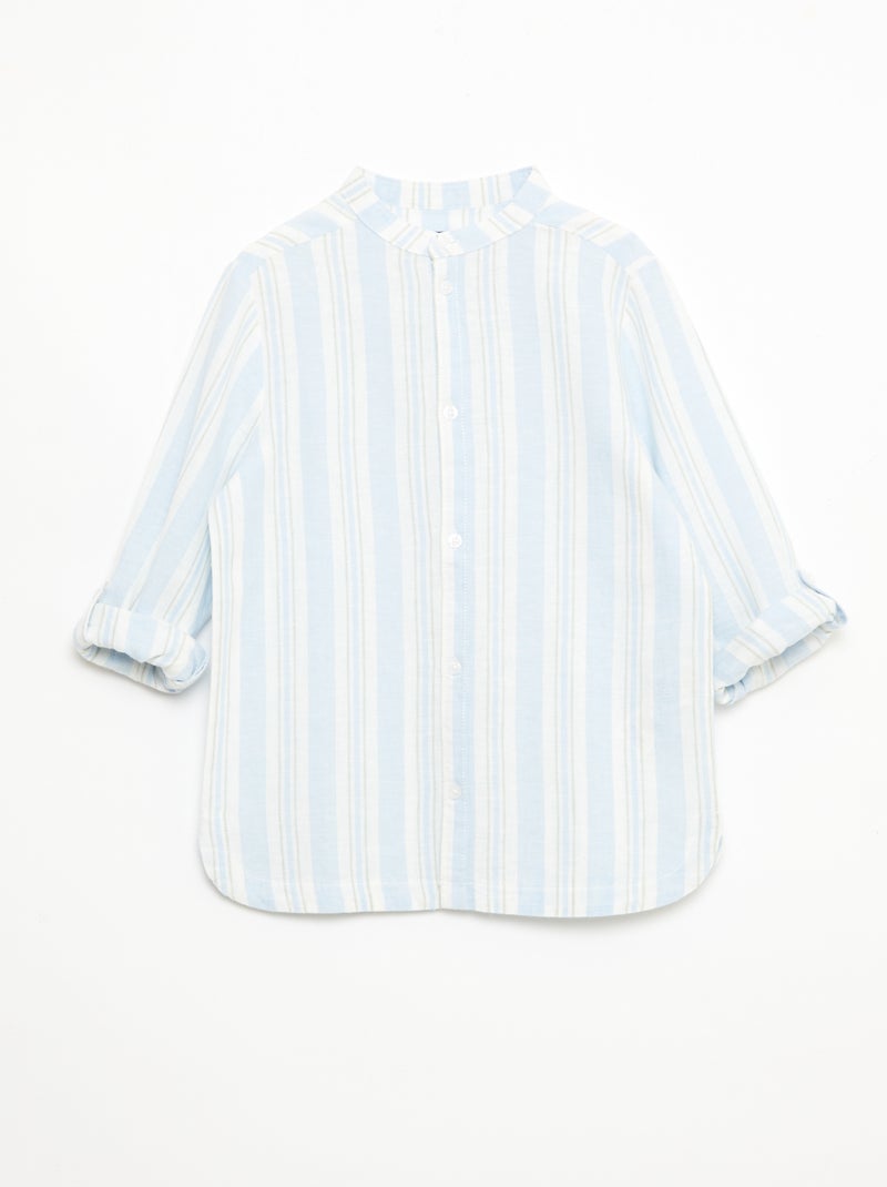 Camisa de rayas con cuello mao en lino y algodón Azul - Kiabi