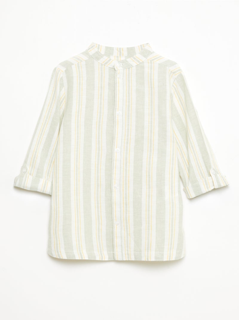 Camisa de rayas con cuello mao en lino y algodón Verde - Kiabi