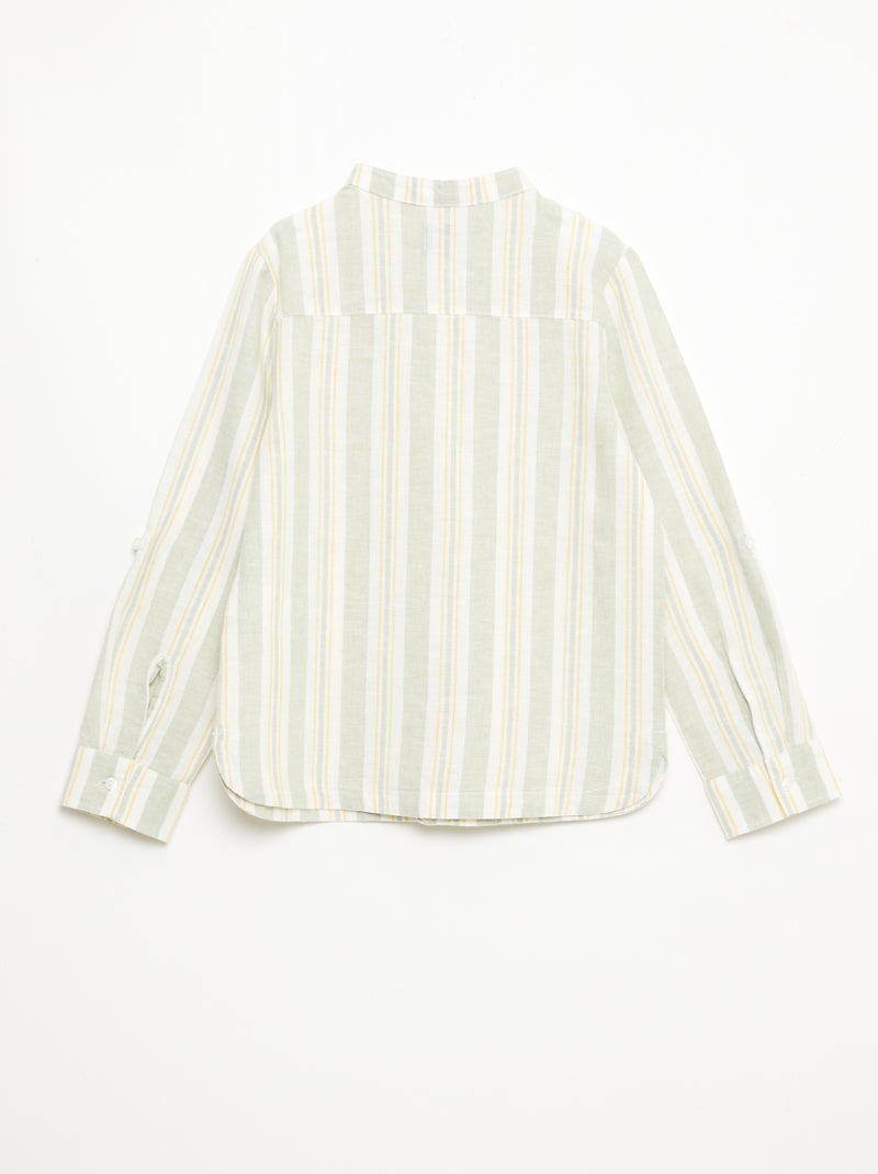 Camisa de rayas con cuello mao en lino y algodón Verde - Kiabi