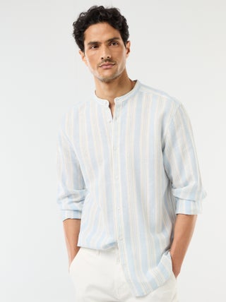 Camisa de rayas con cuello mao y mangas remangables