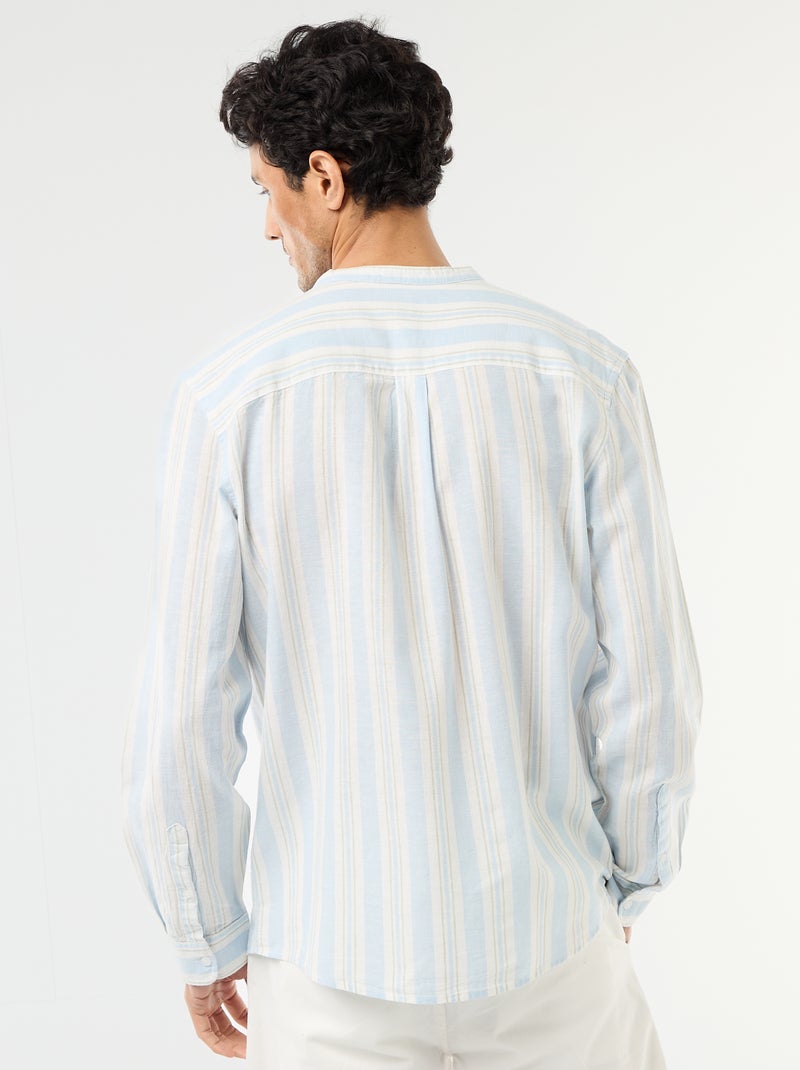 Camisa de rayas con cuello mao y mangas remangables Azul - Kiabi