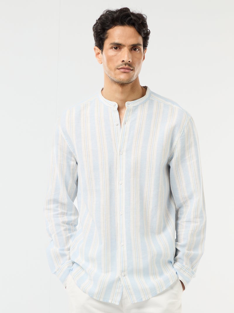 Camisa de rayas con cuello mao y mangas remangables Azul - Kiabi