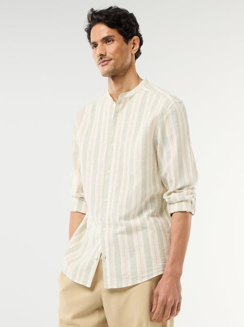 Camisa de rayas con cuello mao y mangas remangables - Kiabi
