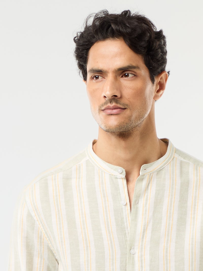 Camisa de rayas con cuello mao y mangas remangables Verde - Kiabi