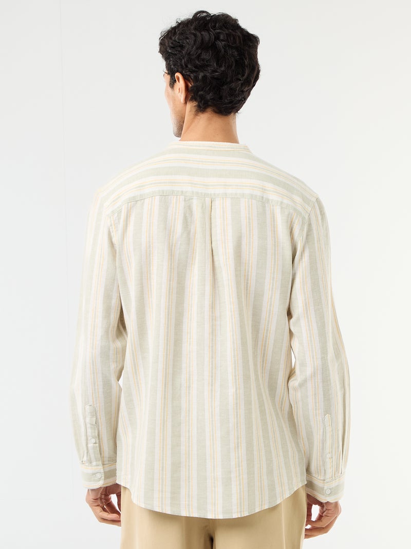 Camisa de rayas con cuello mao y mangas remangables Verde - Kiabi