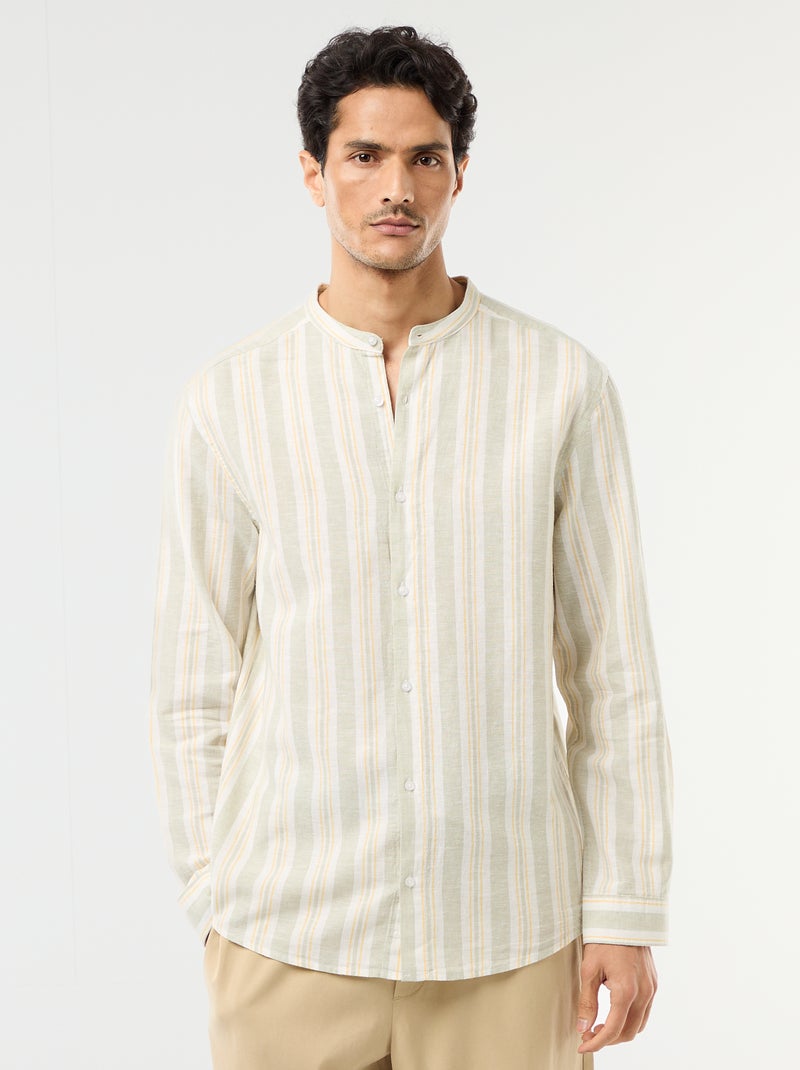 Camisa de rayas con cuello mao y mangas remangables Verde - Kiabi