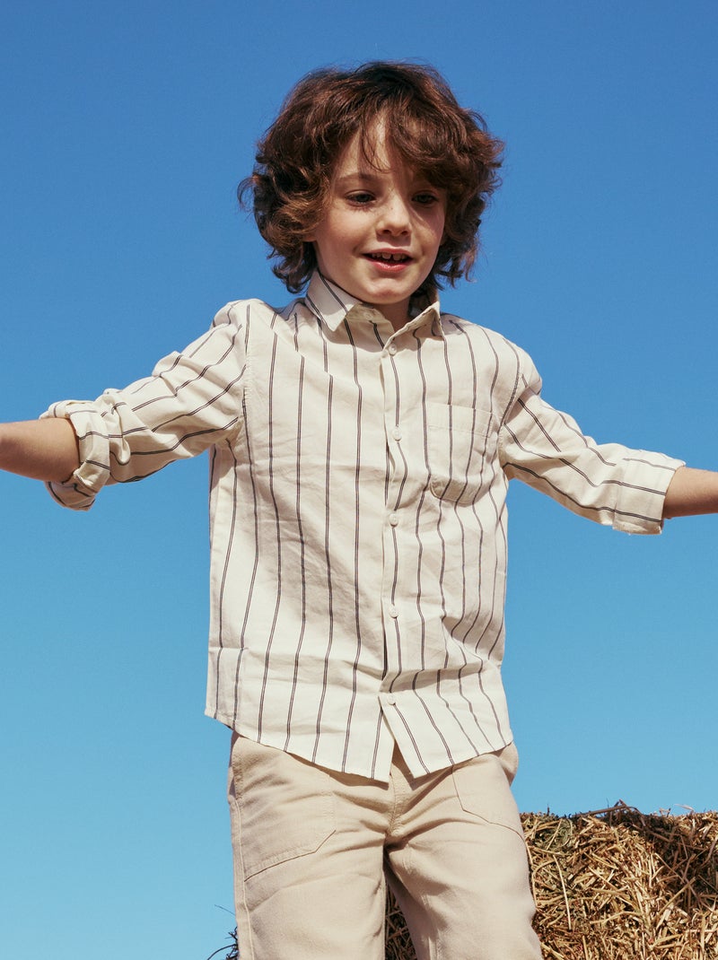 Camisa de rayas de algodón con bolsillo en el pecho Beige - Kiabi