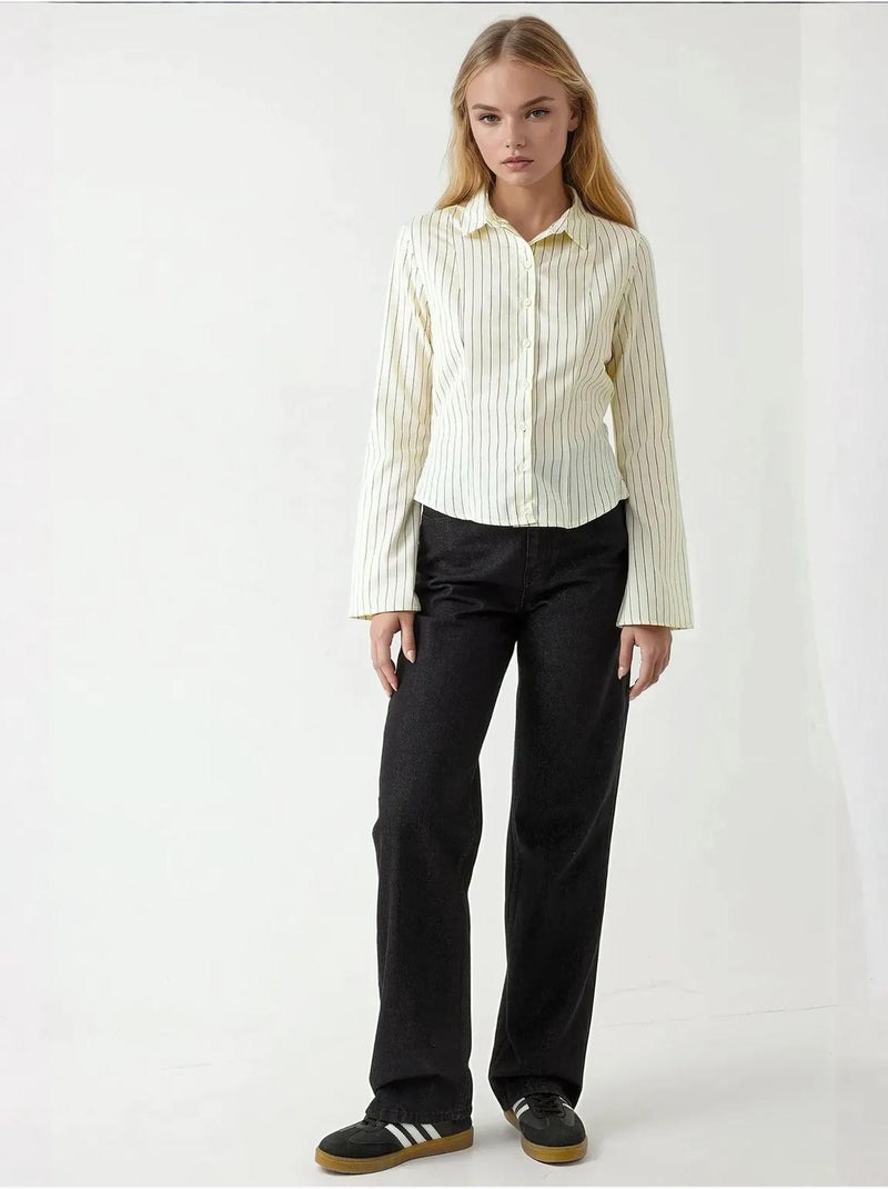 Camisa de rayas de corte entallado con cuello camisero hiccup Amarillo limón - Kiabi