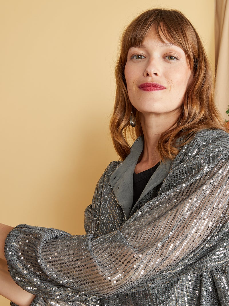 Camisa de rejilla con lentejuelas GRIS - Kiabi