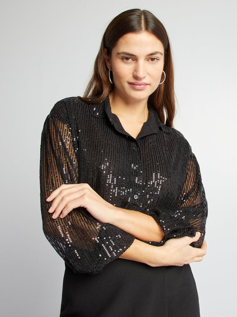 Camisa de rejilla con lentejuelas negro - Kiabi