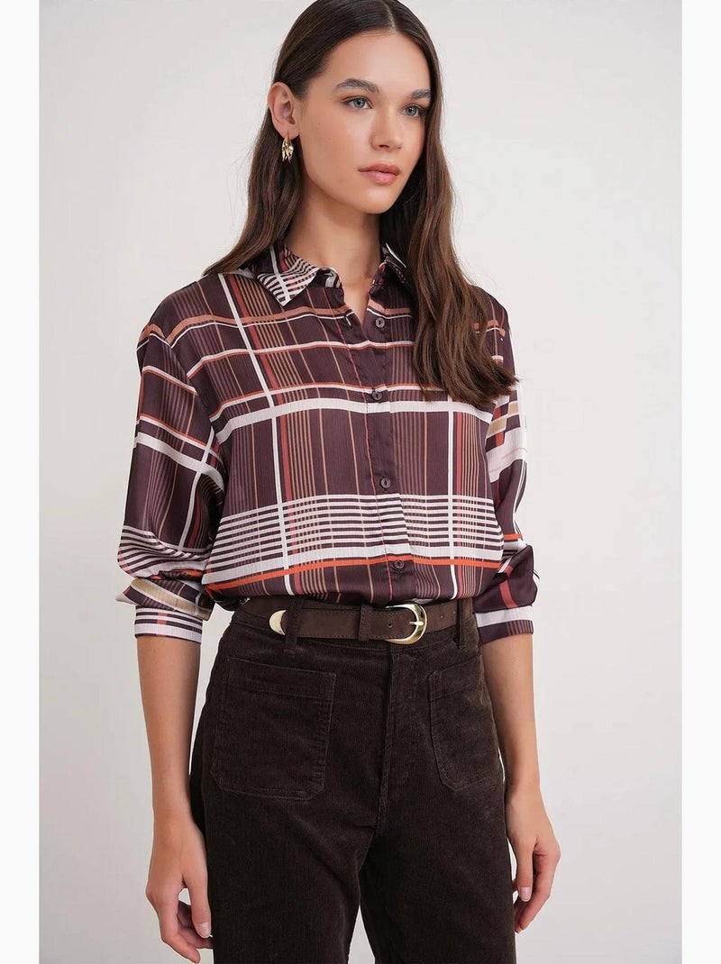 Camisa de satén abotonada a cuadros mixray Marrón claro - Kiabi