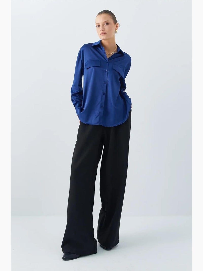 Camisa de satén abotonada con detalle de bolsillo mixray Azul marino - Kiabi