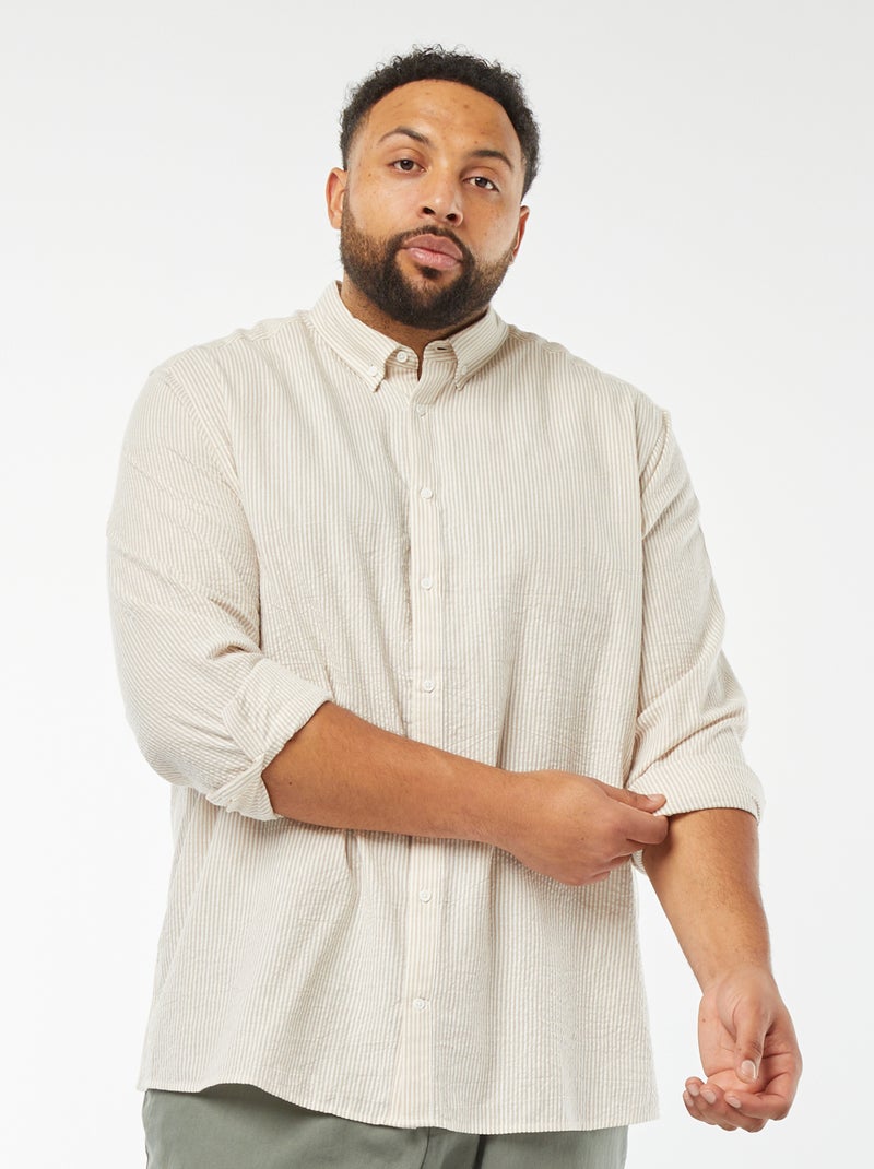 Camisa de tejido de crespón de maga larga con motivo de rayas Beige - Kiabi