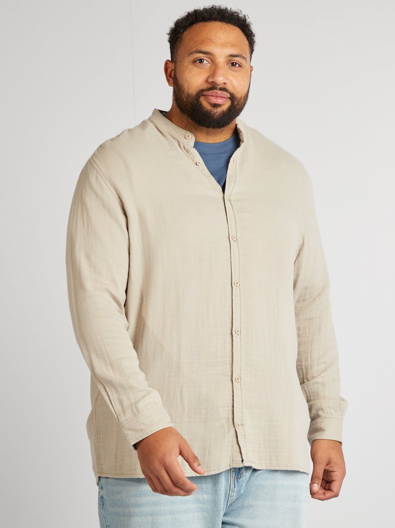 Camisa dobby con cuello mao GRIS - Kiabi