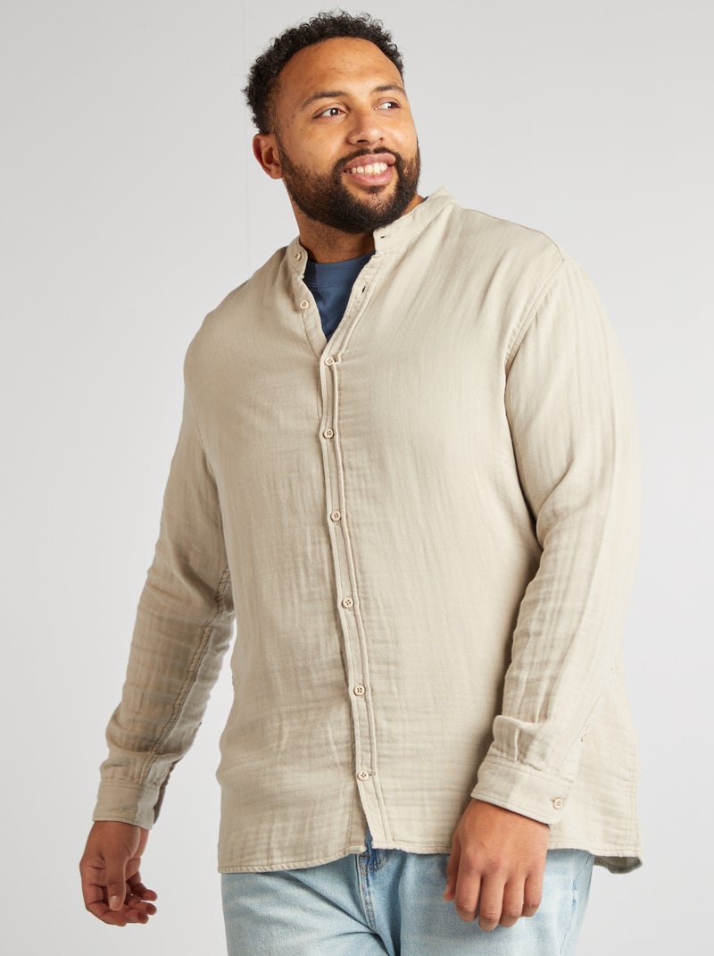 Camisa dobby con cuello mao GRIS - Kiabi