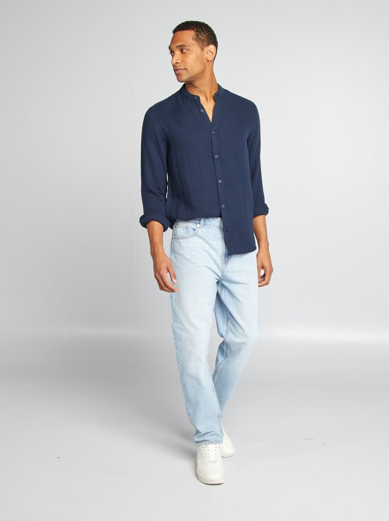 Camisa dobby corte recto con cuello redondo azul - Kiabi