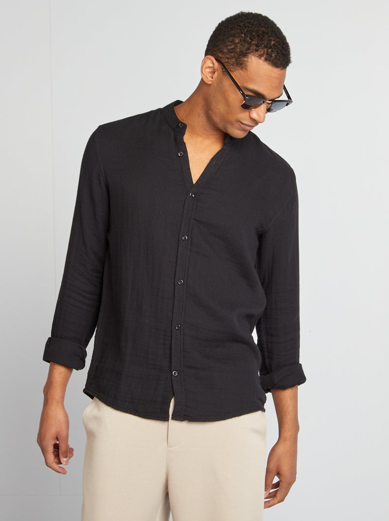 Camisa dobby corte recto con cuello redondo negro - Kiabi