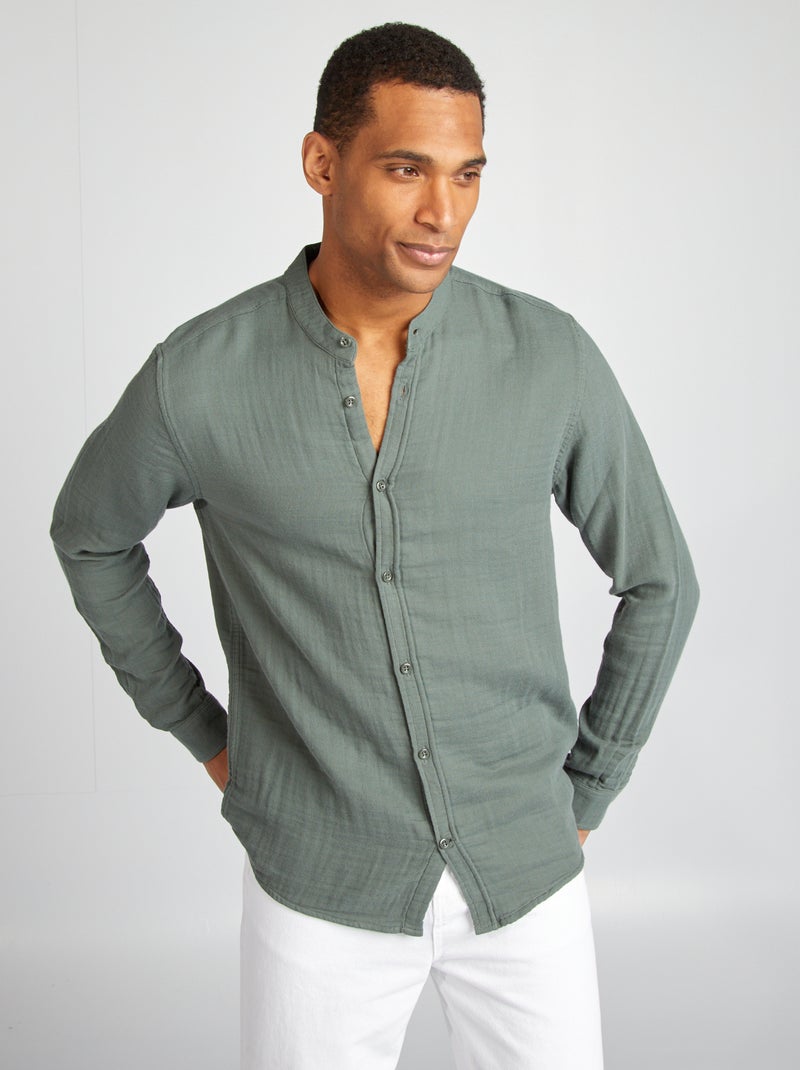 Camisa dobby corte recto con cuello redondo VERDE - Kiabi