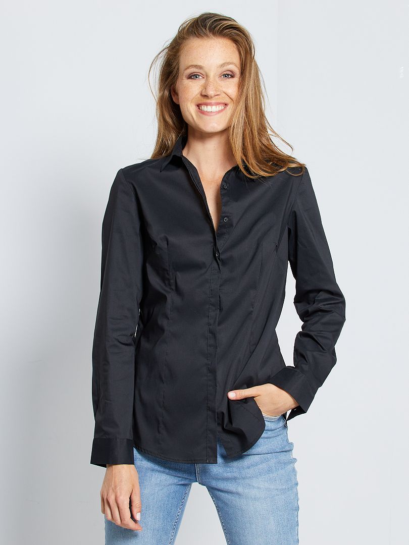 Camisa entallada elástica de popelina Negro - Kiabi