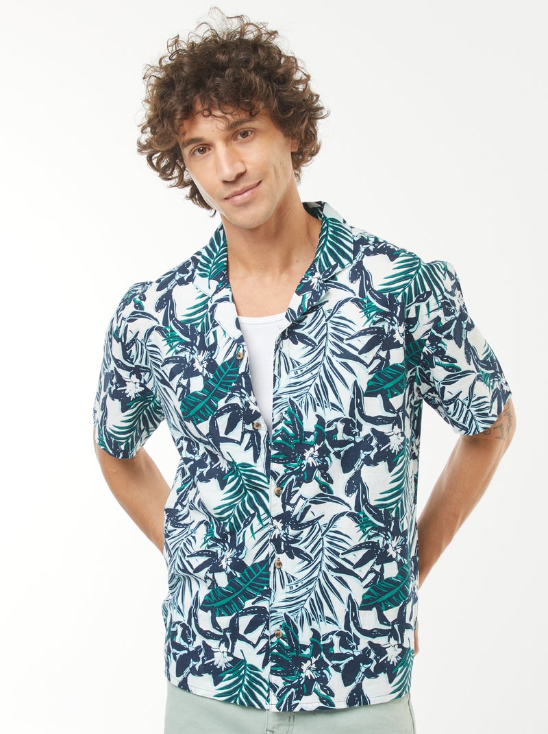 Camisa estampada de manga corta de mezcla de lino Azul - Kiabi