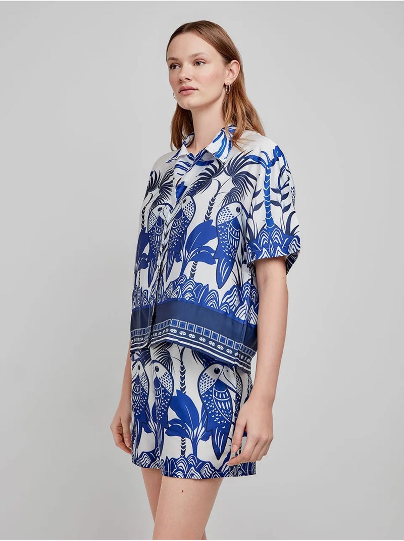 Camisa estampado tropical, botones y manga corta, de satén Multicolor - Kiabi