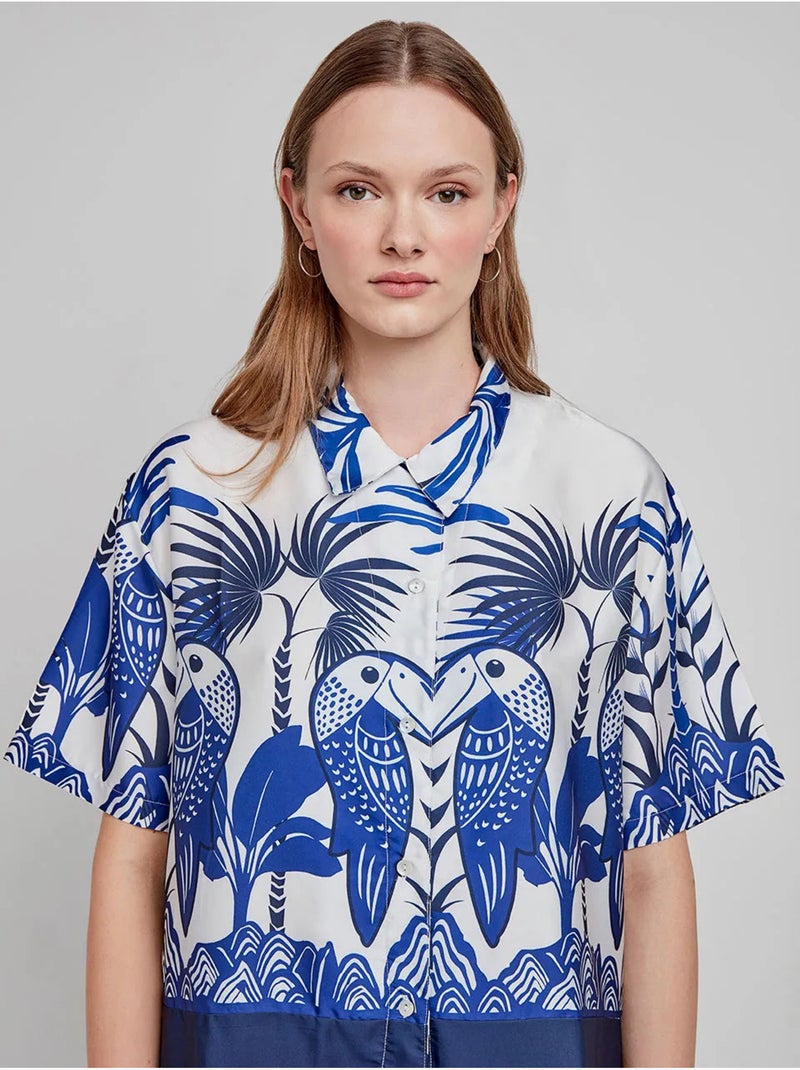 Camisa estampado tropical, botones y manga corta, de satén Multicolor - Kiabi