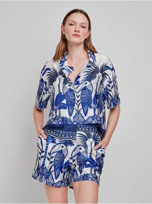 Camisa estampado tropical, botones y manga corta, de satén - Kiabi Camisa estampado tropical, botones y manga corta, de satén - Kiabi