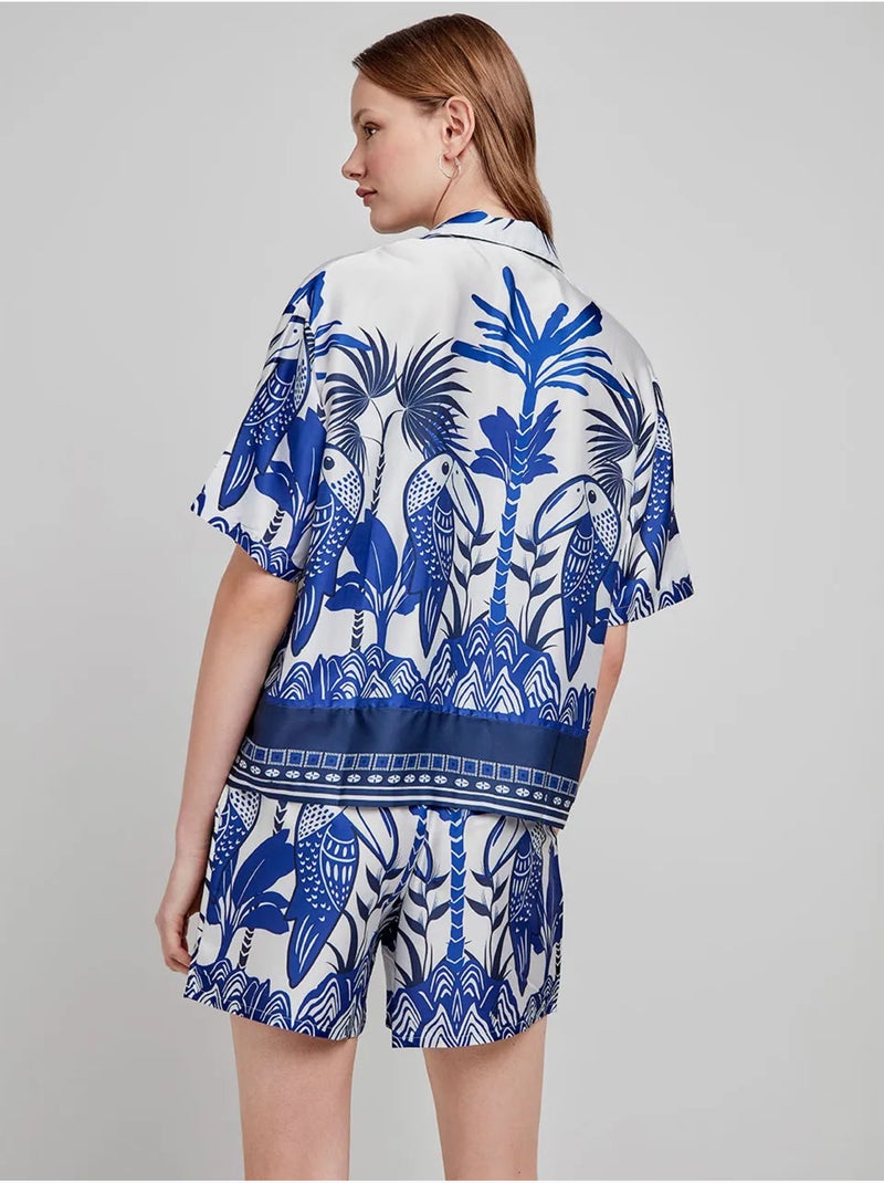Camisa estampado tropical, botones y manga corta, de satén Multicolor - Kiabi