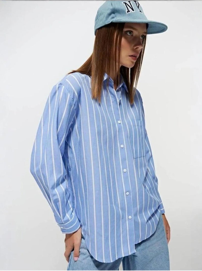 Camisa extragrande a rayas con botones y bolsillo mixray Azul claro - Kiabi