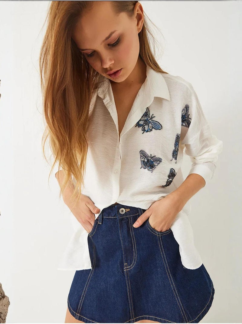 Camisa extragrande aerobin con bordado de mariposas y cuentas de piedra lucci Blanco - Kiabi