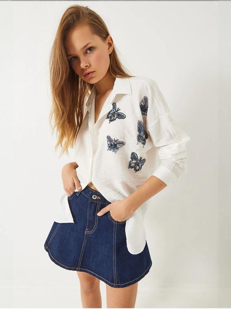 Camisa extragrande aerobin con bordado de mariposas y cuentas de piedra lucci Blanco - Kiabi