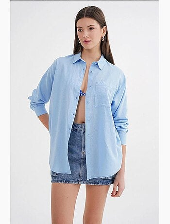 Camisa extragrande de lino mezclado con botones y bolsillo mixray