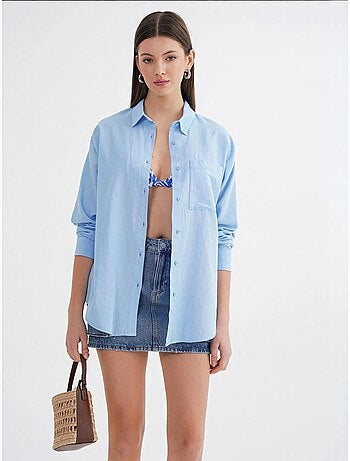 Camisa extragrande de lino mezclado con botones y bolsillo mixray