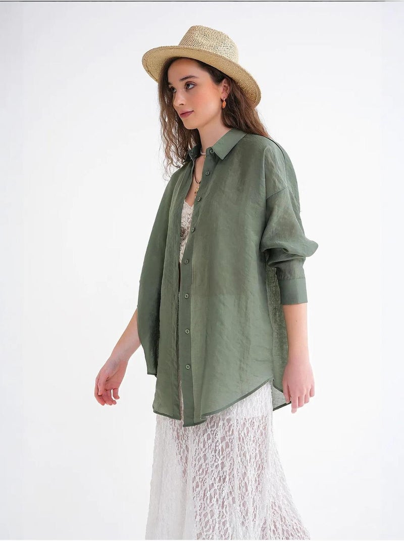 Camisa extragrande de tul con cierre de botones mixray Caqui - Kiabi