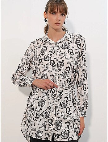 Camisa larga larga de crepé de viscosa floral con cinturón bdart