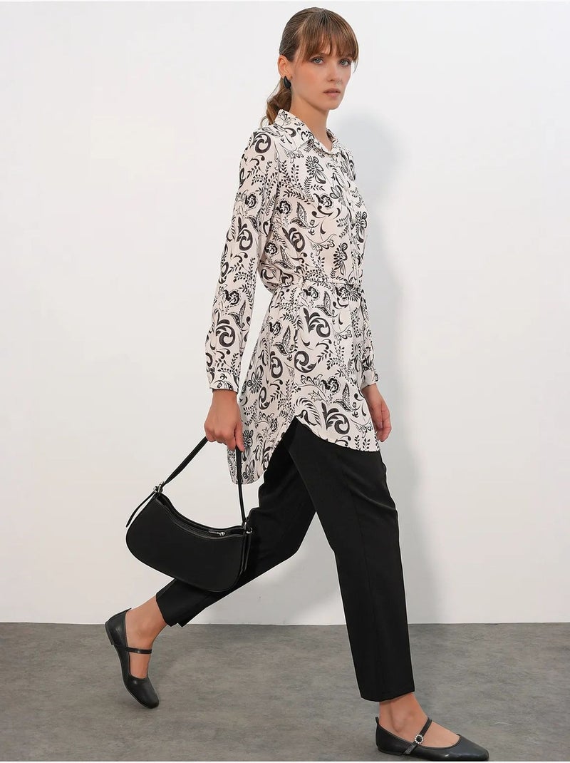 Camisa larga larga de crepé de viscosa floral con cinturón bdart Blanco roto - Kiabi