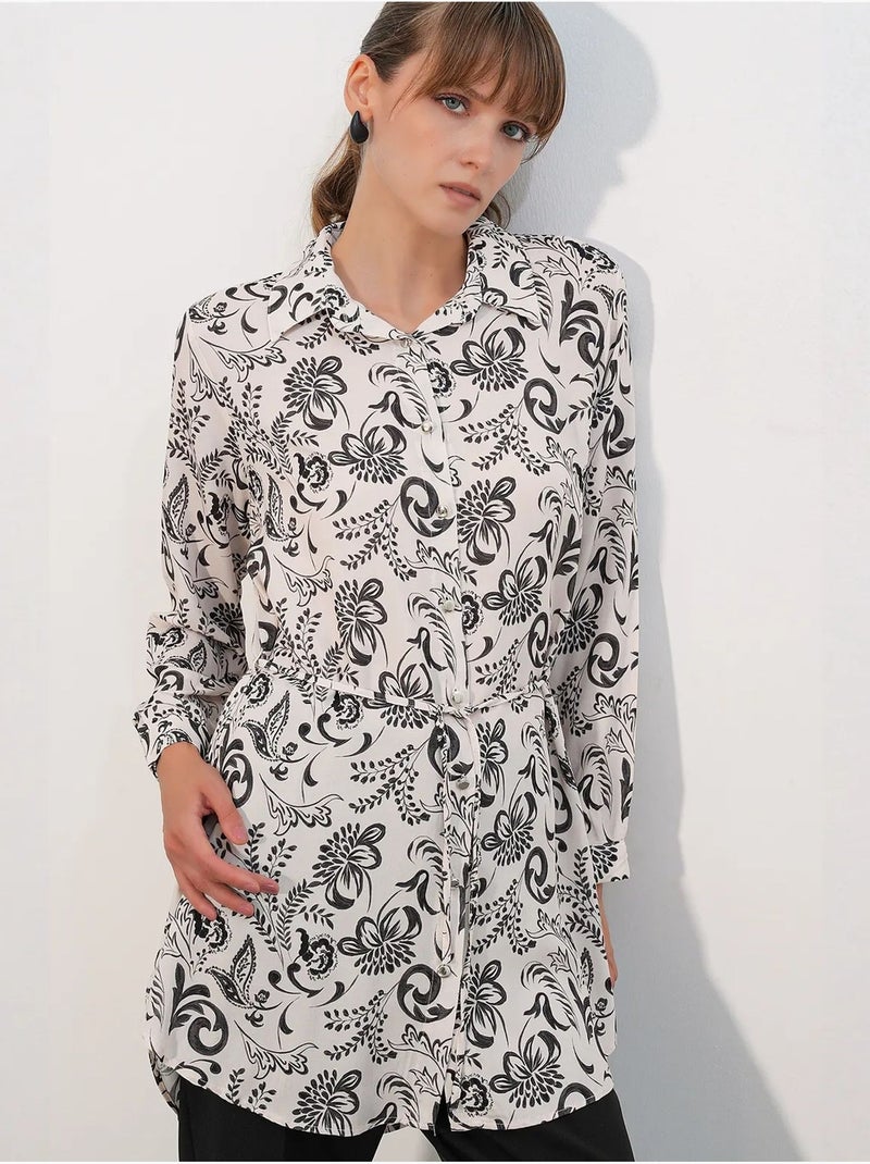 Camisa larga larga de crepé de viscosa floral con cinturón bdart Blanco roto - Kiabi