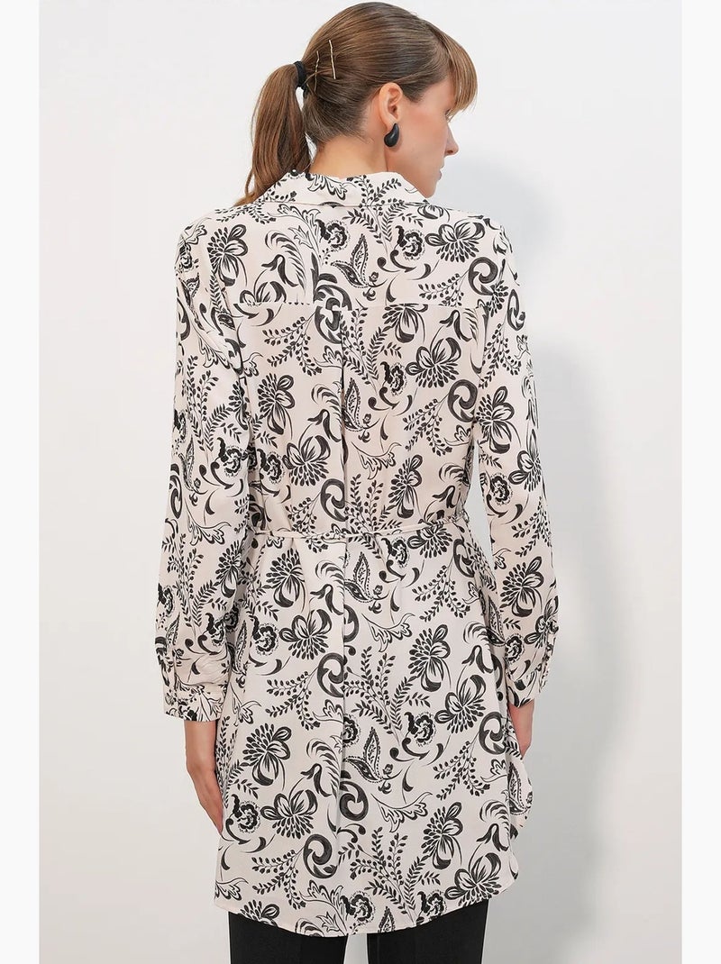 Camisa larga larga de crepé de viscosa floral con cinturón bdart Blanco roto - Kiabi