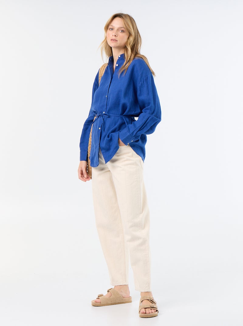 Camisa larga lisa de lino Azul - Kiabi