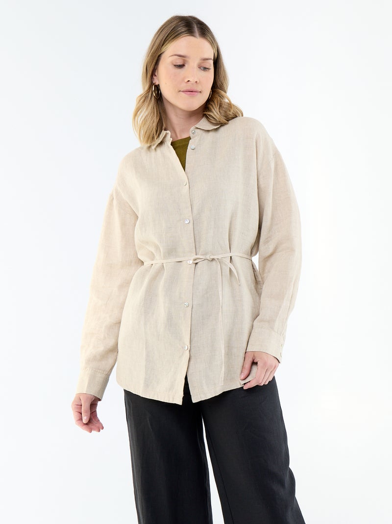 Camisa larga lisa de lino Beige - Kiabi