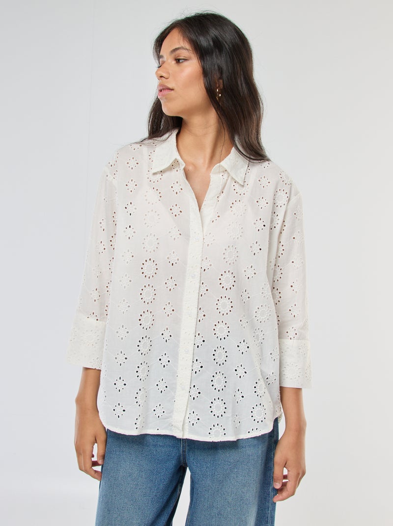 Camisa larga manga 3/4 con bordado inglés 'JDY' blanco - Kiabi