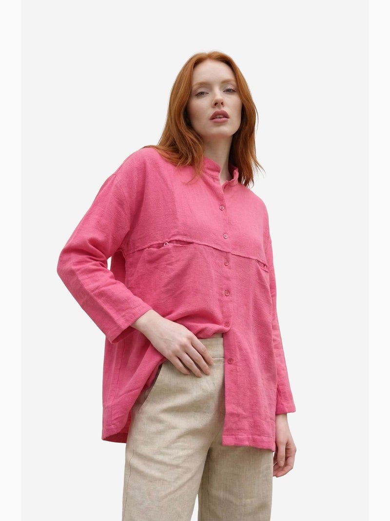 Camisa larga oversize de mezcla de lino de manga larga my fashion Rosa fluo/Solinotes - Kiabi