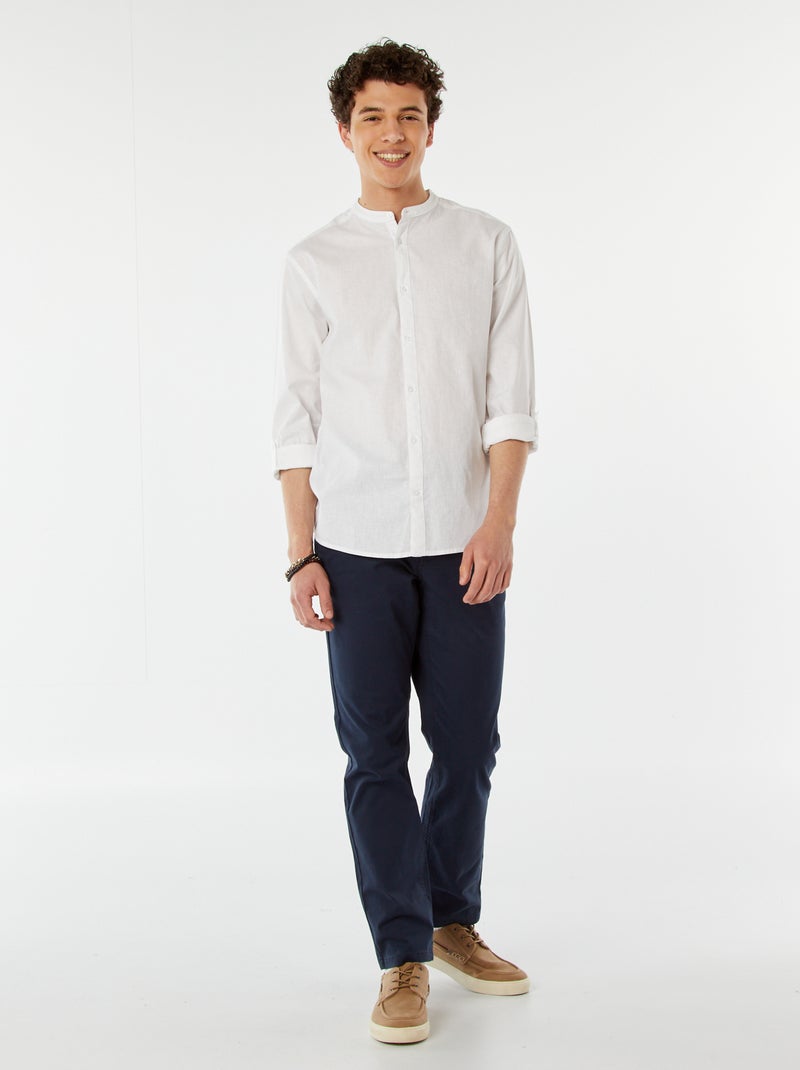 Camisa lisa con cuello mao y manga remangable blanco - Kiabi