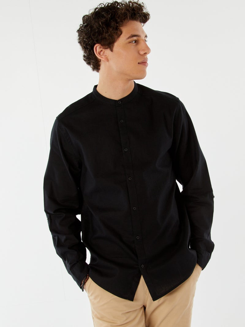 Camisa lisa con cuello mao y manga remangable negro - Kiabi