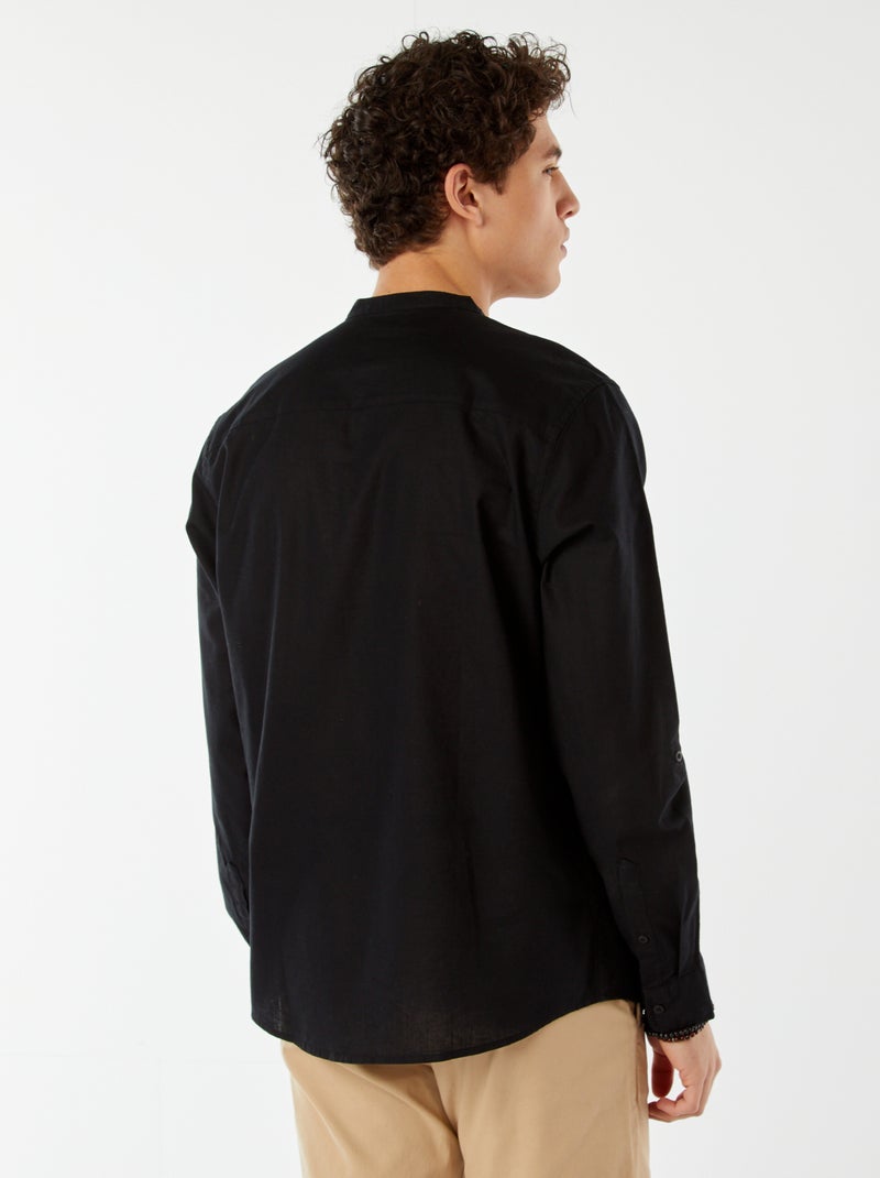 Camisa lisa con cuello mao y manga remangable negro - Kiabi