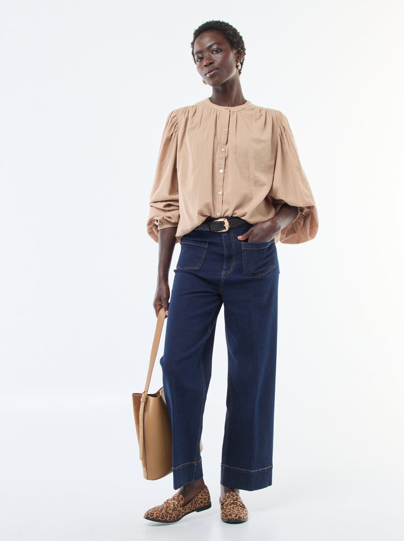 camisa lisa con mangas largas abullonadas Marron - Kiabi