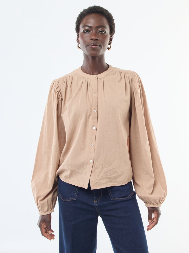 camisa lisa con mangas largas abullonadas Marron - Kiabi