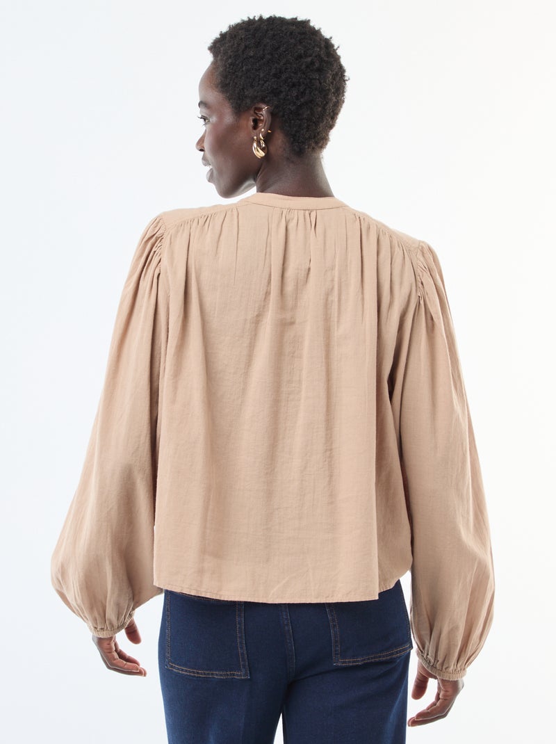 camisa lisa con mangas largas abullonadas Marron - Kiabi