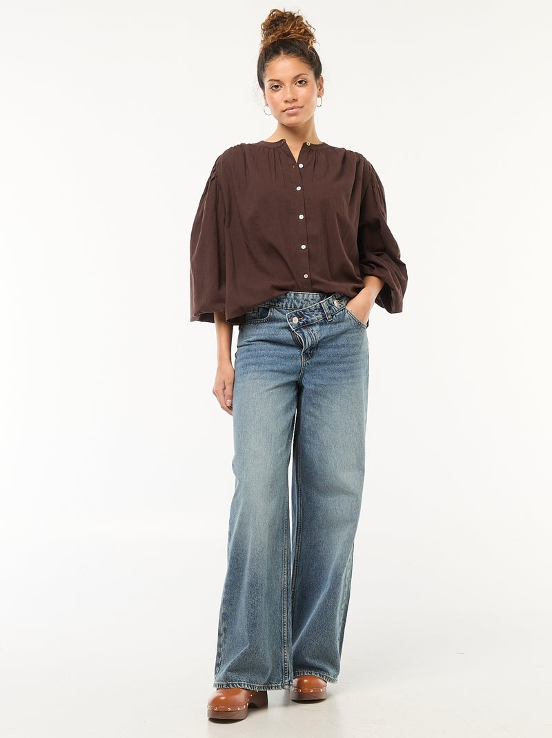 camisa lisa con mangas largas abullonadas Marron - Kiabi